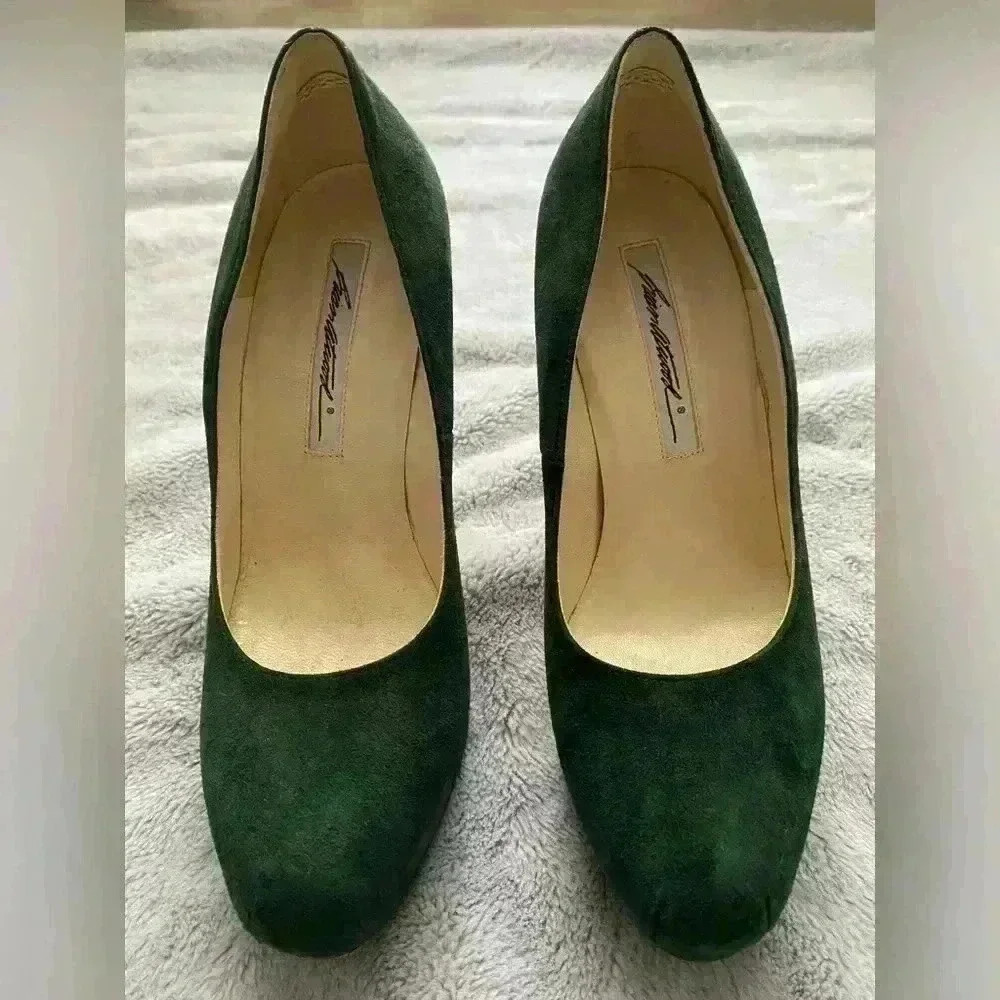 Brian Atwood Maniac Emerald Suede Leather Platform Heels - Picture 3 of 8